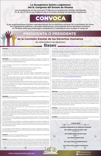 Póster de la 65 Legislatura de Convocatoria Convocatoria de la 65 Legislatura a ciudadanos y ciudadanas para ocupar el cargo de presidenta o presidente de la Comisión Estatal de los Derechos Humanos, año 2025 Formato Imagen