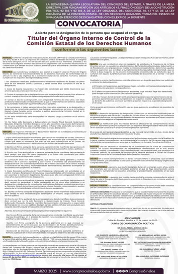 Póster Convocatoria de la 65 Legislatura a Titular del Órgano Interno de Control de la Comisión Estatal de los Derechos Humanos
