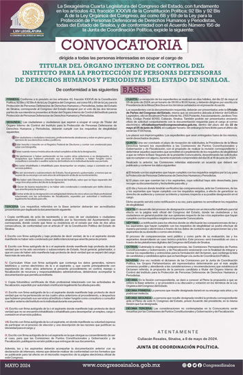Póster de la 64 Legislatura de Convocatoria para designar a la persona Titular del Órgano Interno de Control del Instituo para la Protección de Personas Defensoras de Derechos Humanos y Periodistas del Estado de Sinaloa