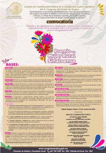 Póster de la 64 Legislatura de Convocatoria dirigida a las agrupaciones campesinas, instituciones académicas, organizaciones de la sociedad civil y a la sociedad en general, para el otorgamiento del Premio a la Mujer Rural Sinaloense, año 2023