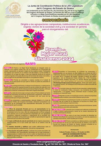 Póster de la 64 Legislatura de Convocatoria dirigida a las agrupaciones campesinas, instituciones académicas, organizaciones de la sociedad civil y a la sociedad en general, para el otorgamiento del Premio a la Mujer Rural Sinaloense, año 2024
