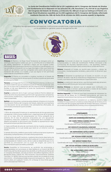 Póster de la 64 Legislatura de Convocatoria dirigida a las agrupaciones campesinas, instituciones académicas, organizaciones de la sociedad civil y a la sociedad en general, para el otorgamiento del Premio a la Mujer Rural Sinaloense, año 2025