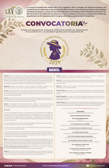 Póster de la 64 Legislatura de Convocatoria dirigida a las agrupaciones campesinas, instituciones académicas, organizaciones de la sociedad civil y a la sociedad en general, para el otorgamiento del Premio a la Mujer Rural Sinaloense, año 2026