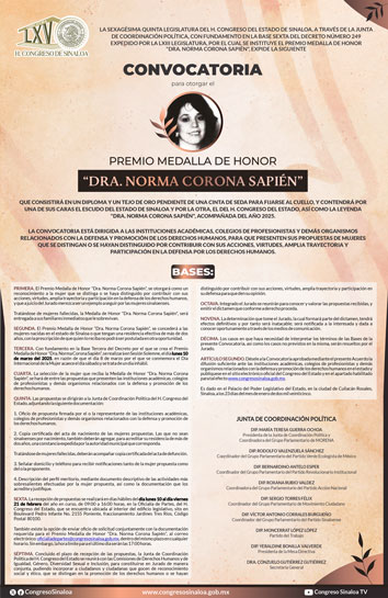Póster Convocatoria Medalla de Honor Dra. Norma Corona Sapién 2025 Sexagésima Quinta Legislatura Formato Imagen