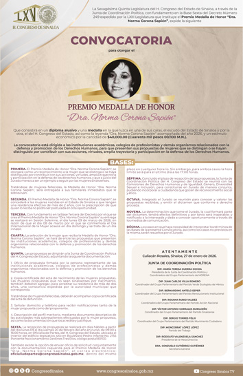 Póster Convocatoria Medalla de Honor Dra. Norma Corona Sapién 2026 Sexagésima Quinta Legislatura Formato Imagen