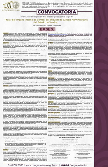 Póster Convocatoria Titular del Órgano Interno de Control del Tribunal de Justicia Administrativa Sexagésima Quinta Legislatura Formato Imagen