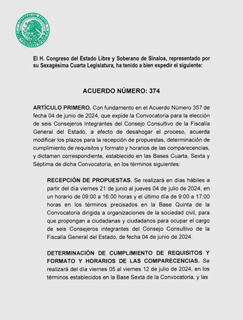 Póster de la 64 Legislatura de Acuerdo de Convocatoria a las organizaciones de la sociedad civil, para que propongan a ciudadanas y ciudadanos para ocupar el cargo de un Seis Consejeros Integrantes del Consejo Consultivo de la Fiscalía General del Estado Formato Imagen