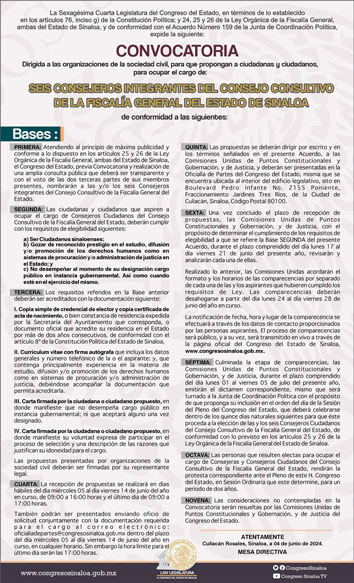 Póster de la 64 Legislatura de Convocatoria a las organizaciones de la sociedad civil, para que propongan a ciudadanas y ciudadanos para ocupar el cargo de un Seis Consejeros Integrantes del Consejo Consultivo de la Fiscalía General del Estado Formato Imagen