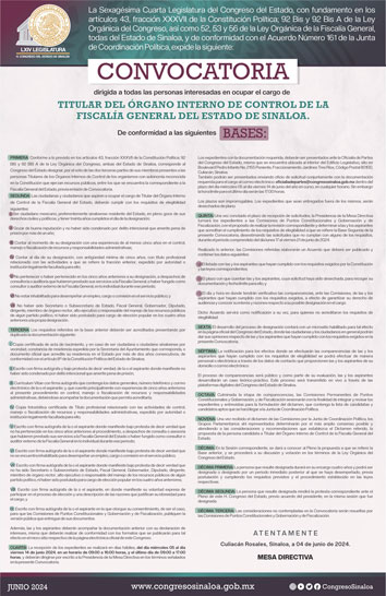 Póster Convocatoria Titular del Órgano Interno de Control de la Fiscalía General del Estado Sexagésima Cuarta Legislatura año 2024 Formato Imagen