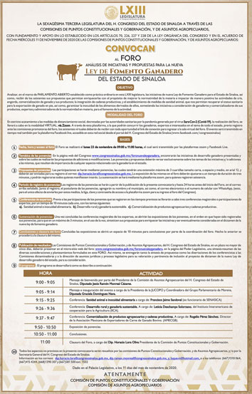 Póster Convocatoria de la 63 Legislatura Análisis de Iniciativas y Propuestas para la Nueva Ley de Fomento Ganandero del Estado de Sinaloa