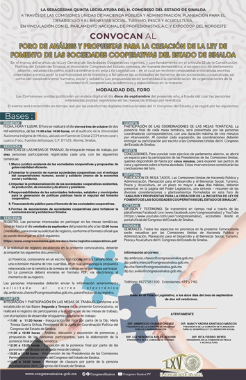 Póster de la 65 Legislatura de Foro de Análisis y Propuestas para la creación de la Ley de Fomento de las Sociedades Cooperativas del Estado de Sinaloa