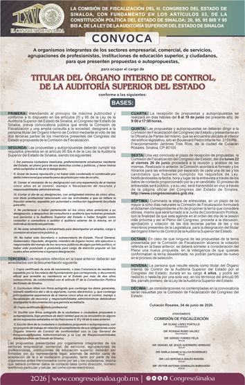 Póster Convocatoria de la Sexagésima Quinta Legislatura de Titular del Órgano Interno de Control de la Auditoría Superior del Estado Formato Imagen