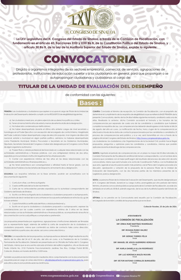 Póster de la 65 Legislatura de Convocatoria a Titular de la Unidad de Evaluación del Desempeño, dirigida a organismos integrantes de los sectores empresarial, comercial, de servicios, agrupaciones de profesionistas, instituciones de educación superior y a los ciudadanos en general, para que propongan o se autopropongan ciudadanas y ciudadanos al cargo de Titular de la Unidad de Evaluación del Desempeño, 65 Legislatura