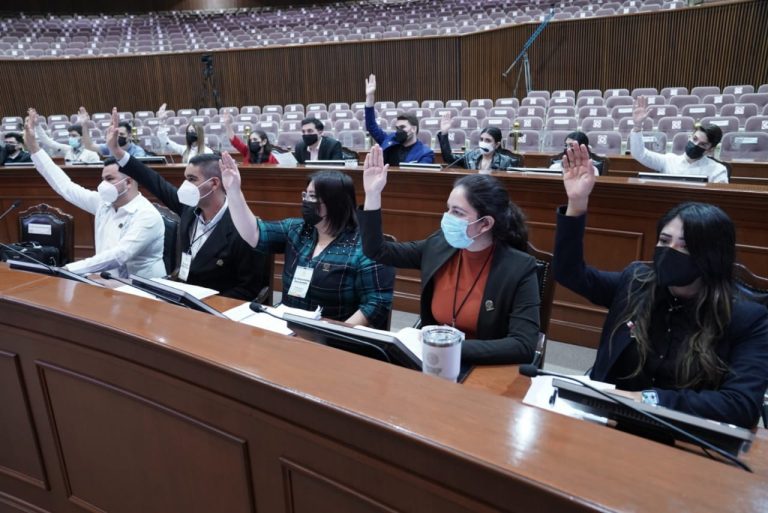 Diputadas y diputados juveniles votan desde sus curules levantando sus manos.