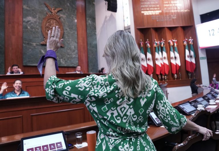 Diputada vota de pie reformas a favor de mujeres. Al fondo Mesa Directiva.