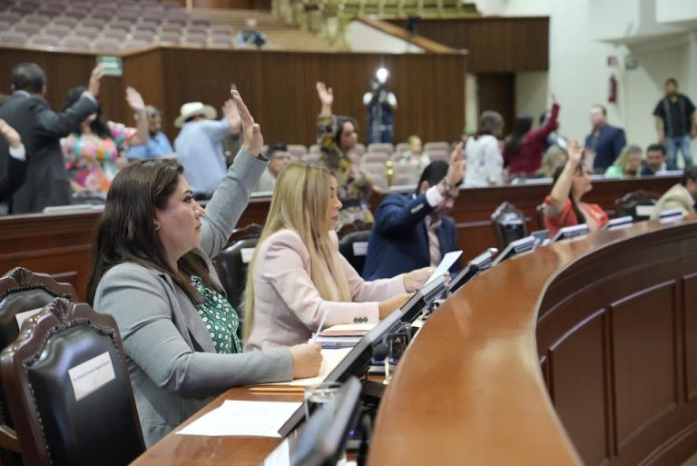 Diputadas sentadas en sus curules votan a favor. Detrás de ella personas del público asistente.