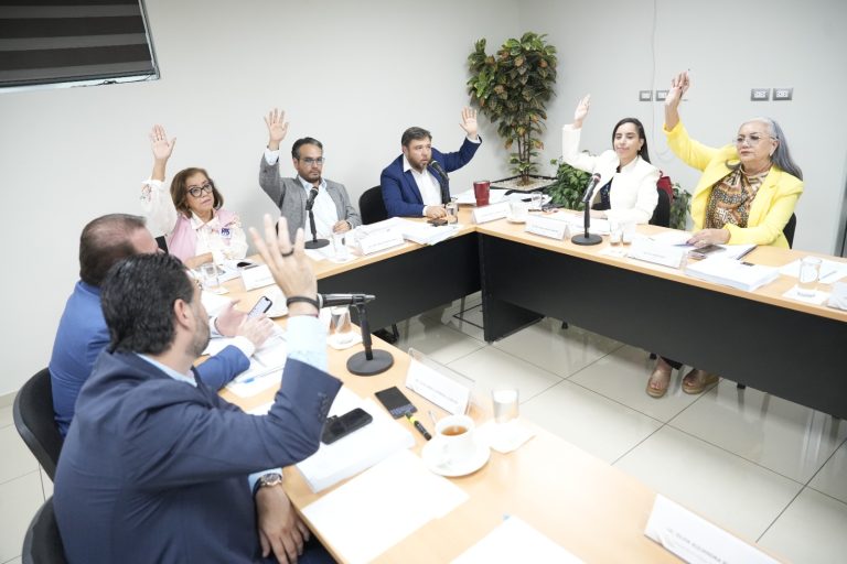 Integrantes de Comisión de Fiscalización votan dictámenes de cuentas públicas levantando sus manos.