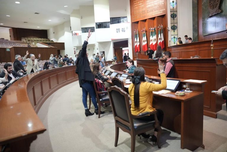 Diputadas y diputados votan levantando su brazo desde sus curules.