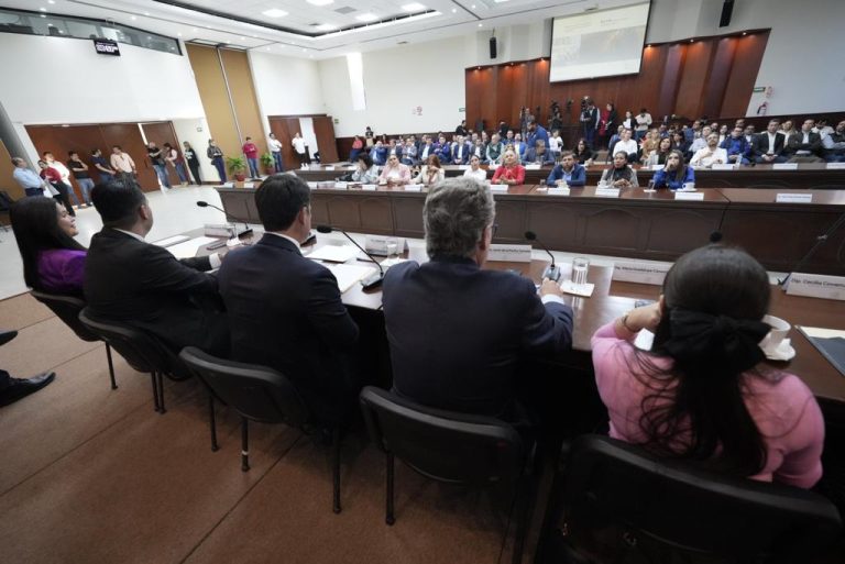 Diputados y secretario de Economía aparecen de espaldas, frente a asistentes al salón Constituyentes de 1917.