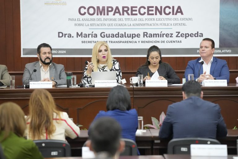 En presidium diputados y funcionaria compareciente y frente a ellos parte del público.