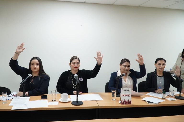 Cuatro integrantes de la Comisión de Protocolo votan levantando su brazo.