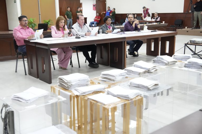 Diputados aparecen sentados frente a paquetes de cuestionarios que revisaron.
