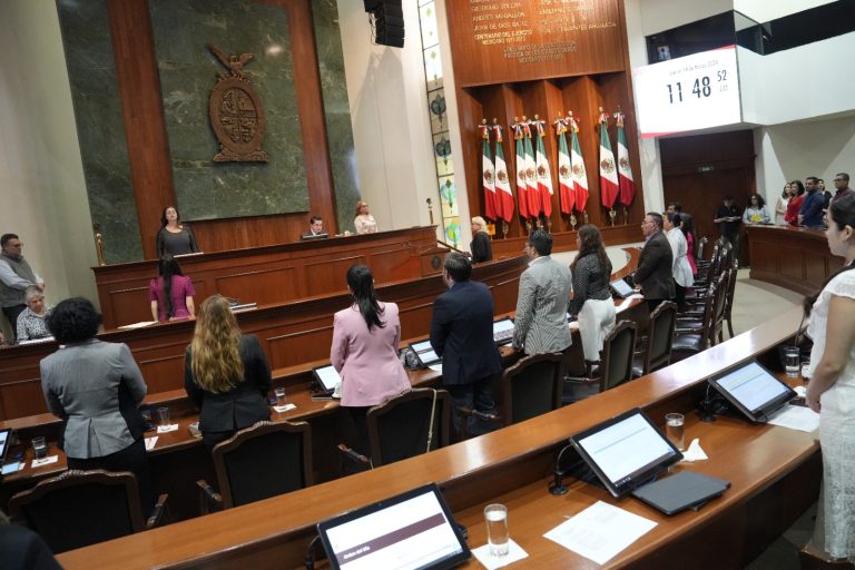 Diputados y diputadas permanecen de pie al inicio de la sesión.