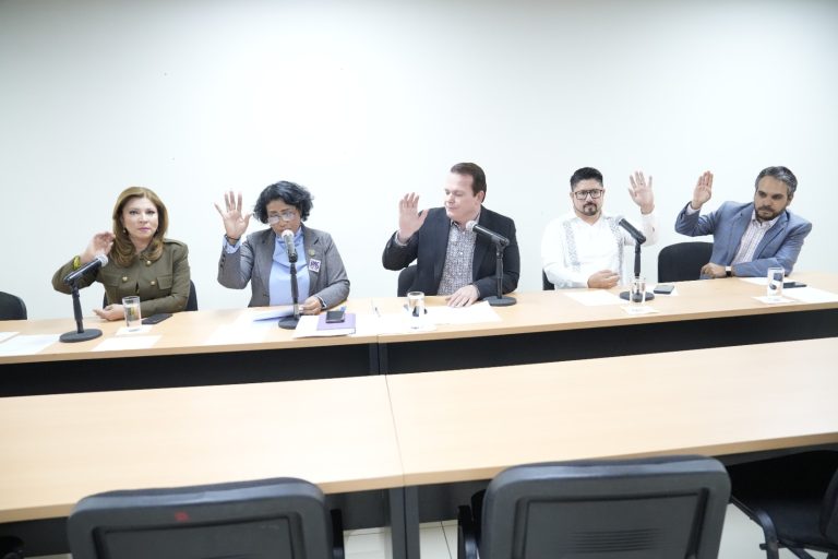 Cinco integrantes de la Comisión levantan su brazo mientras votan.