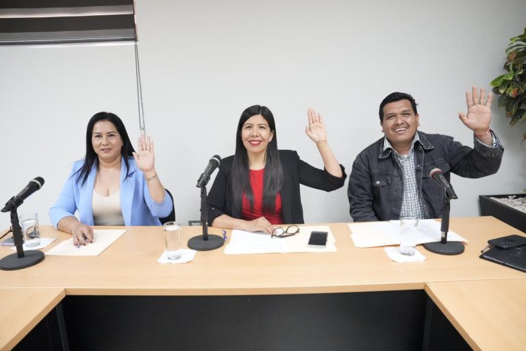 Tres integrantes de la Comisión sesionan y votan levantando sus brazos.