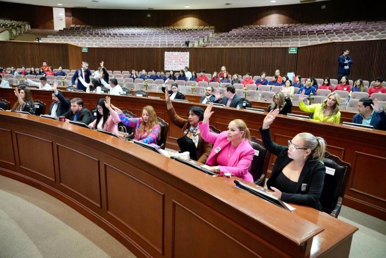 Diputadas y diputados votan desde sus asientos levantando sus brazos.