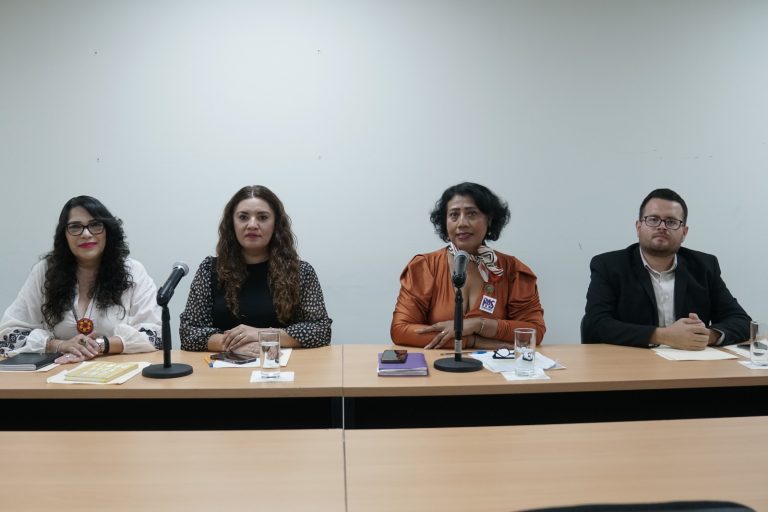 Cuatro integrantes de la Comisión participan sentados durante la reunión.