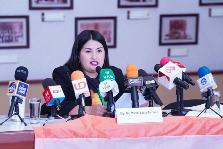 Diputada Nio Msiel Sainz Garduño, habla sentada ante varios micrófonos en conferencia de prensa.