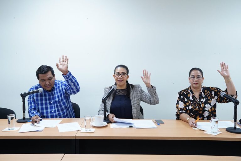 Tres integrantes de la Comisión votan levantando su brazo, mientras están sentados.