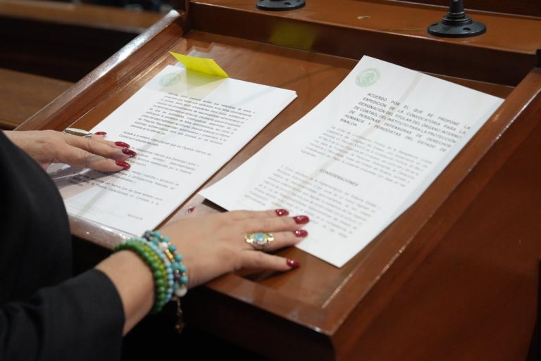 Par de manos sostiene documentos en tribuna, en tanto se les da lectura.