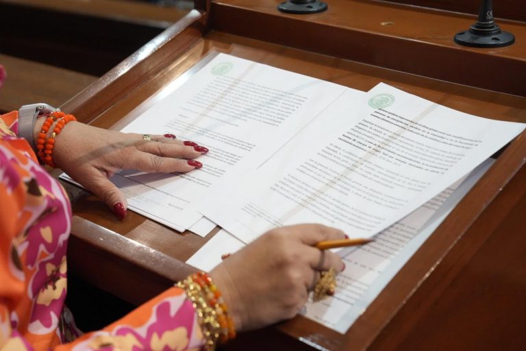 Par de manos de diputada sostienen iniciativas a las que da lectura en tribuna.