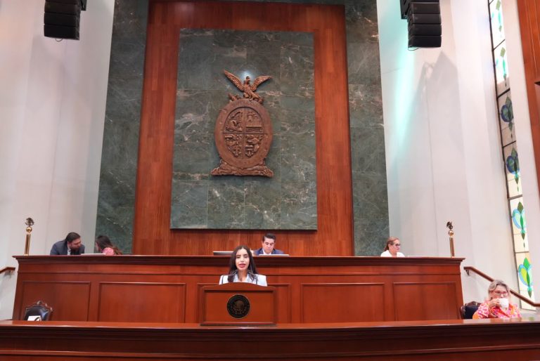 Diputada en tribuna da lectura a iniciativa. A su espalda el enrome logo del Congreso.