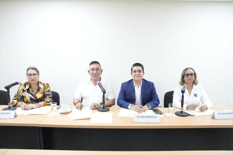 Cuatro integrantes de la Comisión de Asuntos Migratorios sesionan, en pequeña sala.