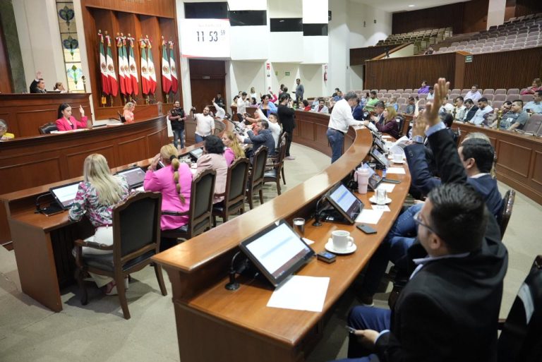 Diputados y diputadas votan levantando sus brazos desde sus asientos.