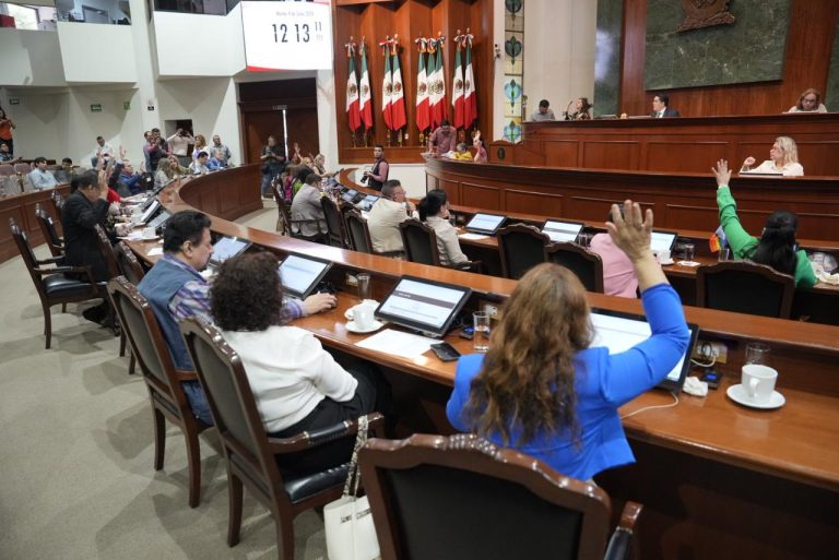 Diputadas y diputados aparecen de espaldas y votando de frente a Mesa Directiva.