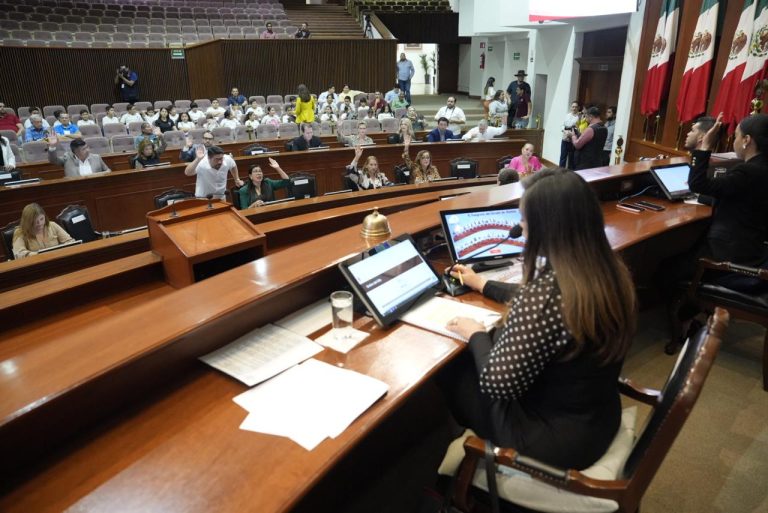Presidenta de Mesa Directiva aparece de espaldas y frente a ella diputadas y diputados votando.