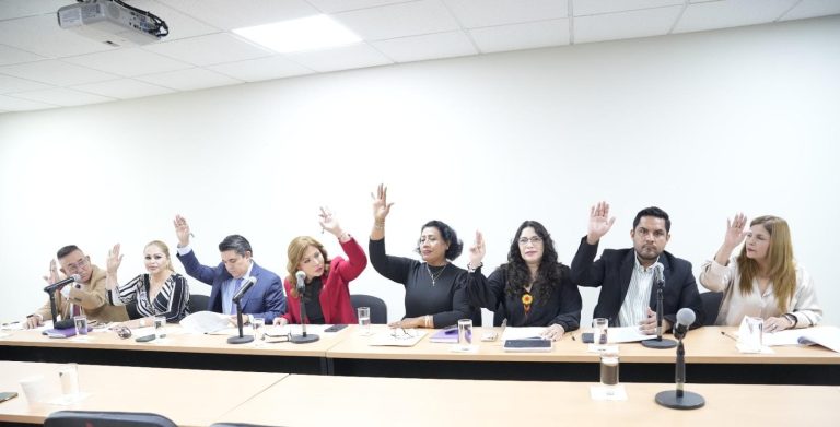 Diputadas y diputados de las comisiones unidas votan levantando sus brazos.