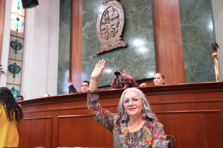 Diputada secretaria levanta la mano en tribuna.