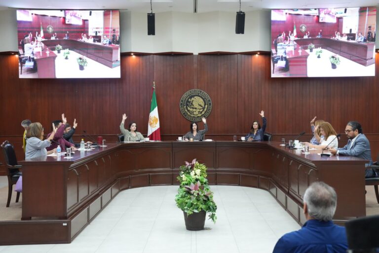 Integrantes de Diputación Permanente levantan sus manos para aprobar asunto durante sesión.