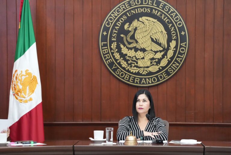 Diputada Juana Minerva Vázquez Gonzáles está sentada y atrás aparece el escudo del Congreos.