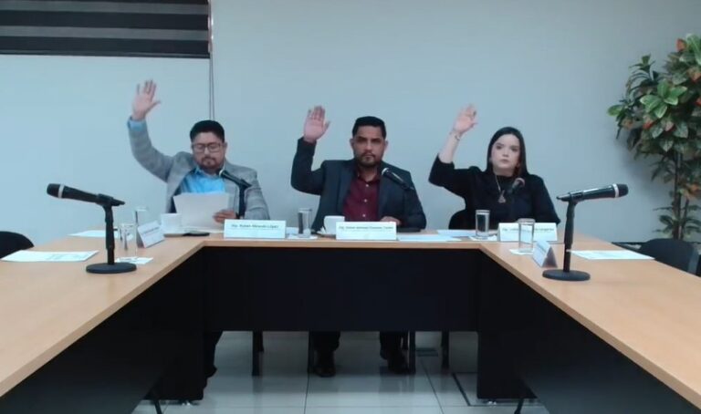 Tres integrantes de la Comisión votan levantando sus manos.
