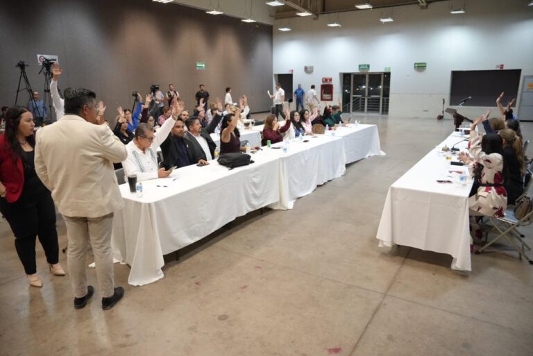 En larga mesa alineada, diputadas y diputados votan con a brazo alzado.