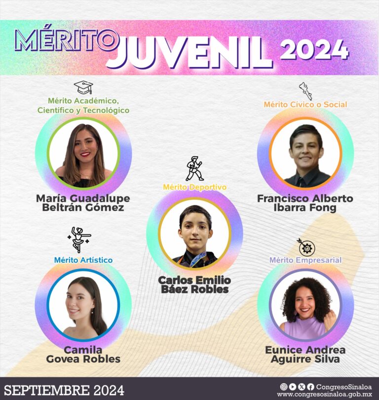 Composición gráfica con los cinco ganadores del Premio al Mérito Juvenil,