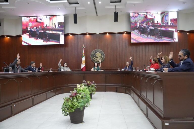 Integrantes de la Diputación Permanente votan levantando sus manos.