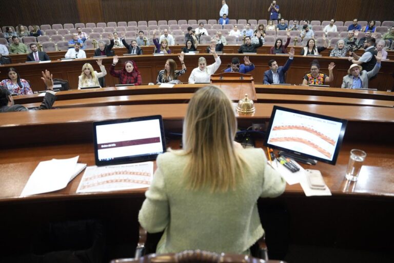 Diputadas y diputados votan levantando sus manos desde sus asientos.
