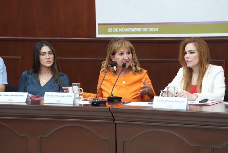 Diputadas participantes dialogan en presidium a través de micrófonos.